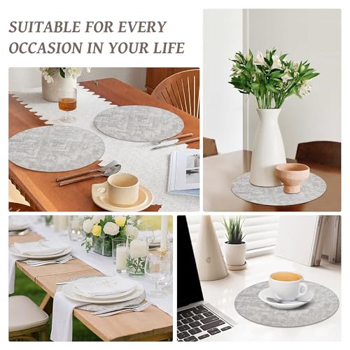 13" Round Placemats Set of 6, Reversible Faux Leather Wipeable Table Mats - color: Light Grey