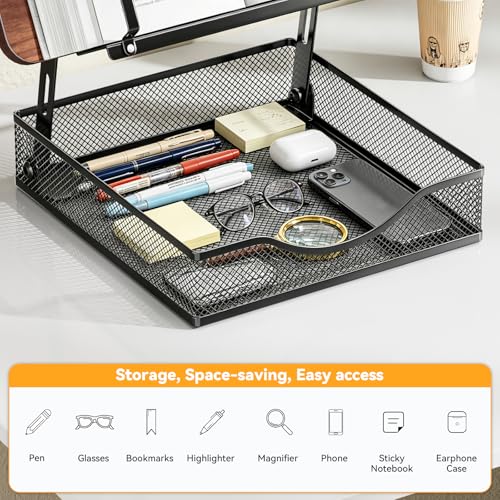 Adjustable Book Stand for Reading with Storage - 2-13" Height Hands-Free