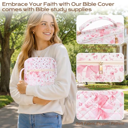 XKDOUS Bible Cover Case for Women Bible Bag Journaling Kit w/Study Supplies - color: Pink Bow Patchwork, size: Large