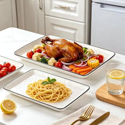 Serving Platters, 16/14.3/13.1Inches Large Serving Dishes for Entertaining, Rectangular Serving Tray, Ceramic Serving Dish, White Platters for Serving Food, Appetizers, Entertaining, Party, Set of 3