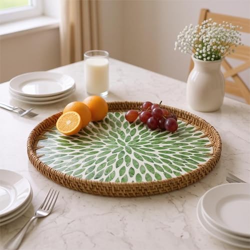 13.8" Round Mother of Pearl Inlay Rattan Green Leaves Design Serving Tray - color: Green Leaves