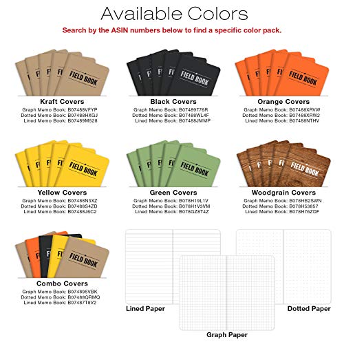 Elan Publishing Company Field Notebook/Pocket Journal - 3.5"x5.5" - Combination of Kraft, Black, Orange, Yellow - Graph Memo Book - Pack of 5
