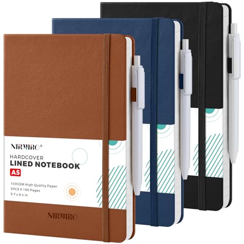 Lined Journal Notebook, with Pen, Leather Hardcover, A5 (5.7"x8.4"), 3 Pack, for Women Men, Work, Writing, Travel - color: Blue_brown_black, size: A5