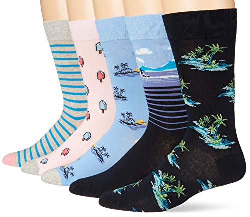 Amazon Essentials Men's Patterned Cotton Dress Crew Socks, 5 Pairs - color: Vacation Pack, size: 8-12
