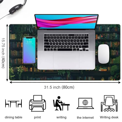 Green Leaves Desk Pad Extended Mouse Mat, Plant Bookshelf Gaming Desk Mat, Large Laptop Keyboard Pad Full Desk Mouse Pad XXL, Giant Desktop Computer Pad, Home Office Decor Aesthetic 31.5" x 15.75" - color: Quiet Library
