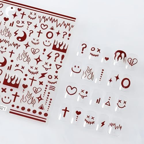 4 Colors ins Minimalist Style Nail Stickers, Simple Cat Love Stars Impressionist Drawing Line Stickers for Man Woman (4 Sheets)+Nail Sticker Specialized Tweezers - style: Flame Smile Face