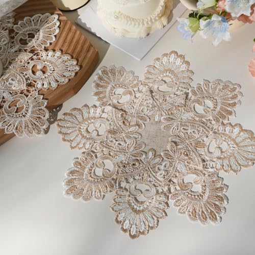 Phantomon 12 Inch Lace Placemats Embroidered Vintage Floral Beige Linen Lace Table Coasters, Decorative Drink Mats for Coffee, Tea & Dining Table, Set of 4