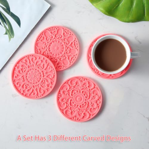 Colinda Silicone Coasters - Set of 6 with Holder, Non-Slip Cup Mats for Hot and Cold Drinks, Decorative Designs, Gift Ready Packaging, Coral Pink - color: Coral Pink