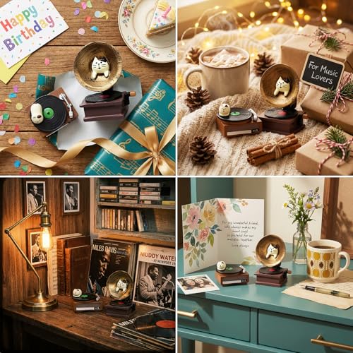 RAQWI Cat Phonograph & Record Player Figurines, Resin Desk Decor - color: Music