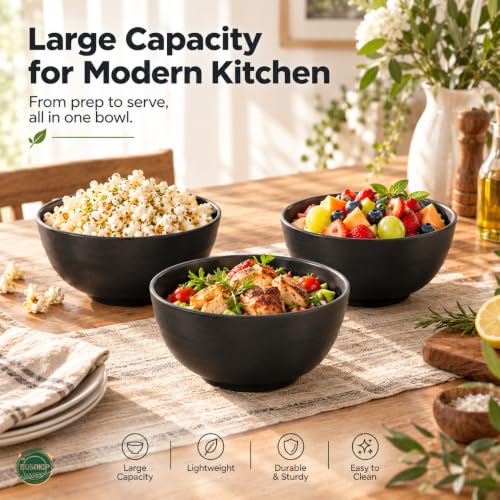 60oz Wheat Straw Bowls, Large Salad Bowls Set of 6 (Black) - color: Black, size: 60 Oz