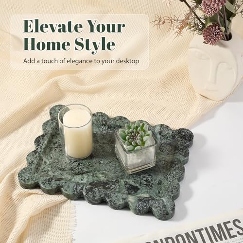Koville Scalloped Marble Tray, 11"x8" Marble Vanity Tray for Countertop Bathroom Kitchen Dresser, Natural Stone Tray for Jewelry Perfume Home Decor, Decorative Catchall Trays(Green) - color: Green, size: 11" x 7.9" x 0.7"