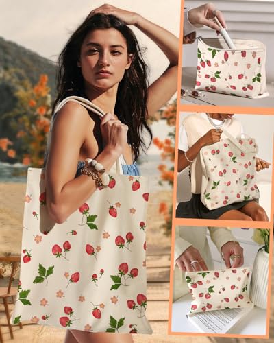 Miss Adola Canvas Tote Bag with Matching Makeup Pouch - color: Strawberry Floral