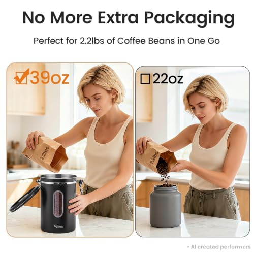 Veken Coffee Canister with Window, 39OZ Large Airtight Stainless Steel Jars - color: Black, size: 39 oz