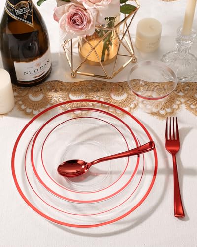 BESTSTAR 50 Pack clear Plastic Bowls with Red Rim - color: Red, size: 50 pack