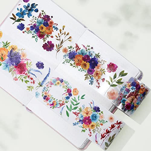 WT Pretty Florals Wide PET Tape, Single Roll, Original Designs, Floral Decorative Tape, Transparent Craft Tape for Bujo Planner & DIY Supplies, Watercolor Flowers - color: WT Pretty Florals Wide PET Tape