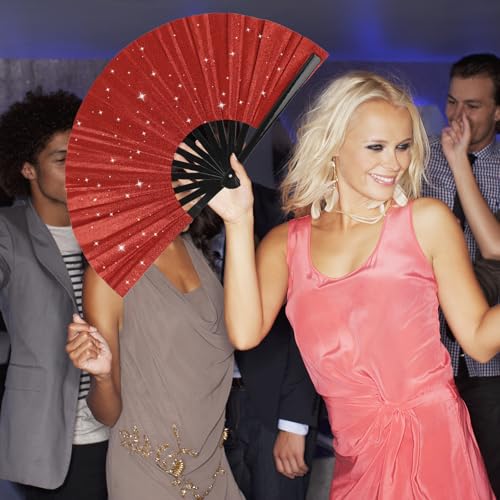 Large Folding Hand Rave Fan for Men/Women, Popping Fan for Line Dancing, Decorative Folding Hand Fan for Boots On The Ground, Festival, Gift, Home Decorations(Red) - color: Red