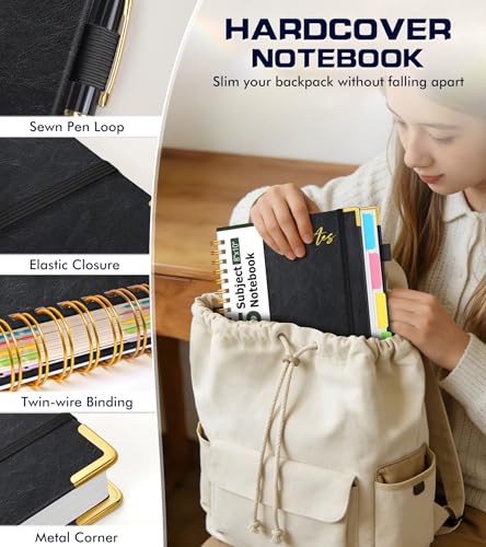 5 Subject Spiral Notebook Journal with Removable Dividers Tabs, 300 Pages Organizer Notebooks for Work School, 8"x10" Hardcover Leather Notebook College Ruled, Large Lined Journal for Women Men,Black - color: Black, size: B5