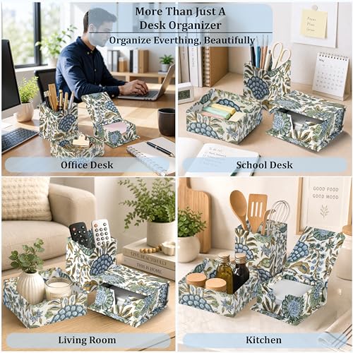 Ridhi Asparagus Green Block Print Office Desk Organizer Pen & Note Holder - color: Asparagus Green