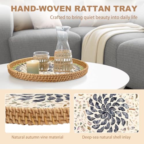 13.7" Decorative Round Rattan Tray with Mother of Pearl, Hand-Woven Wicker Serving Tray, Boho Rattan Basket Platter for Fruit Bread Coffee Counter Dessert Kitchen - color: Large