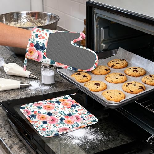 Pink Flowers Heat-Resistant Silicone Oven Mitts and Pot Holders,Long Oven Gloves with Non-Slip Grip for Cooking, Baking, Grilling,BBQ - color: Pink Flowers