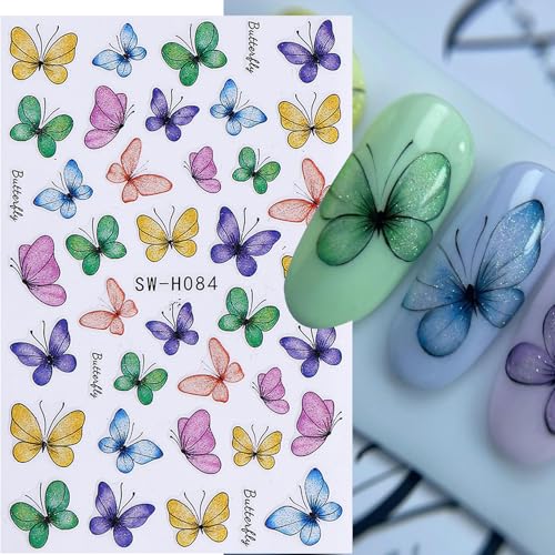 Butterfly Nail Art Stickers Decals 12 Sheets 3D Self-Adhesive Nail Decals Purple Blue Gradient Butterflies with Flower & Leaf Designs Stickers for DIY Manicure Acrylic Gel Nail Decorations for Women - style: Butterfly Flower