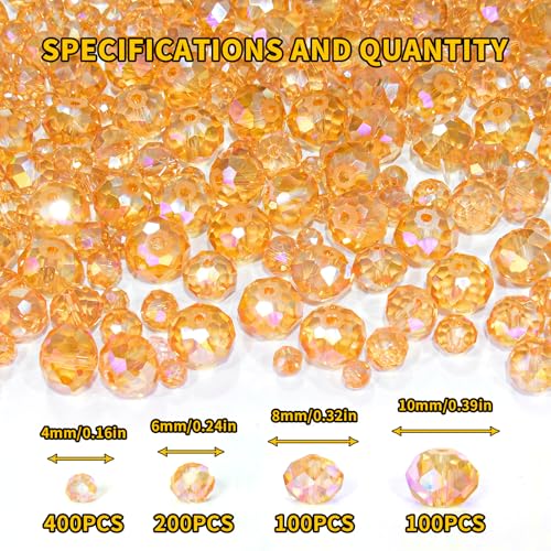 800Pcs 4/6/8/10mm Crystal Glass Beads for Jewelry Making Beads for Bracelets Necklace Pendants Making Supplies(Gold Champagne) - color: Golden champagne, size: 4/6/8/10mm 800pcs