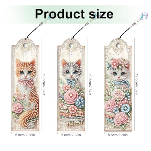 Tontut 3pcs Diamond Art Painting Kit Bookmarks, Pink Flower Cat Exquisite Universal DIY Bookmarks, Lightweight and Durable for Reading Lovers - color: Pink