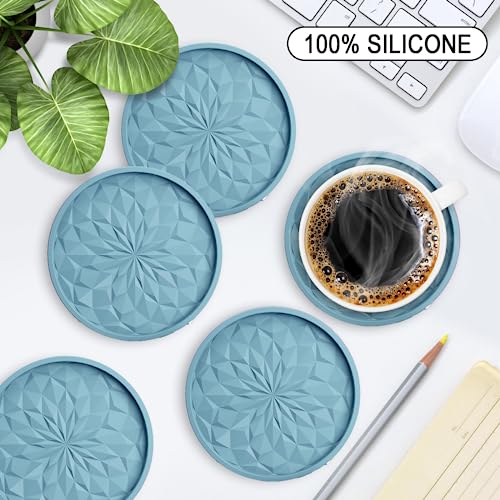 ME.FAN Silicone Coasters with Holder,[6 Pack] Drinking Coasters - Cup Mat for Hot or Cold Drinks, Thickened, Non-Slip, Non-stick,Deep Tray Ether - color: Ether