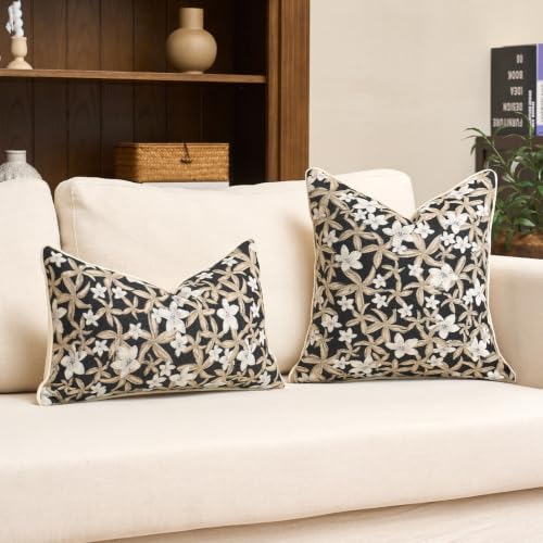 Aeckself Neutral Floral Pillow Cover 18 x 18 Inch, Vintage Chenille Square Throw Pillow Cover Soft Home Decorative Farmhouse Accent Couch Pillow Cover for Living Room Bedroom, Black - color: Black, size: 18" x 18" (Pack of 1)