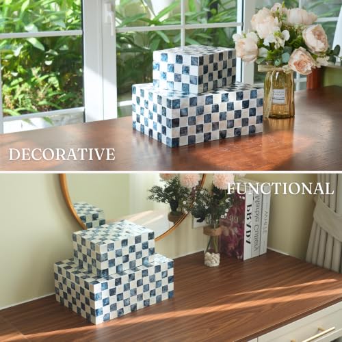 Chi An Home 12"x8" Decorative Capiz Boxes Keepsake Trunk, Navy Blue, Set 2