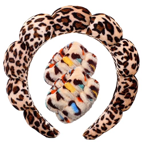 Spa Headbands for Washing Face Wristband Set Sponge Makeup Skincare Headband Wrist Towels Bubble Soft Terry Towel Cloth Hairband for Women Puffy Headwear Non Slip Thick Thin Hair Headwear (Leopard) - color: Leopard