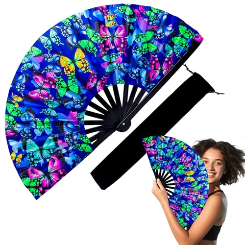 13 Inch Large Rave Fan & Clack Fan for Line Dancing - Folding Hand Fan with UV Glow for Boots on The Ground, Performance, Wedding, Party - Portable Handheld Fan for Women & Men - color: Butterfly*1