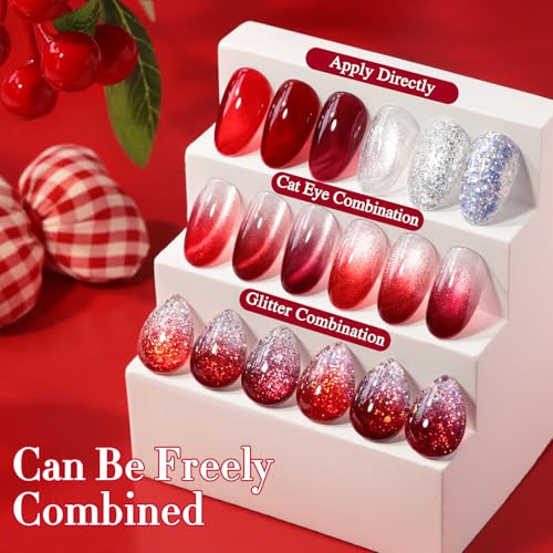 Double Rhythm 6 Pcs 15 ML Gel Polish Set Same Color Same Bottle Soak Off Gel Polish Kit Nail Art Manicure Salon DIY at Home for Women (Jelly Burgundy Red Glitter Silver -T6-56) - color: Jelly Ruby Red