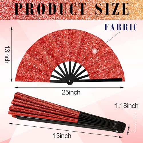 Maitys 2 Pack Foldable Fans for Rave Dancing,Red,Glitter Pattern - color: Red, style: Glitter Pattern