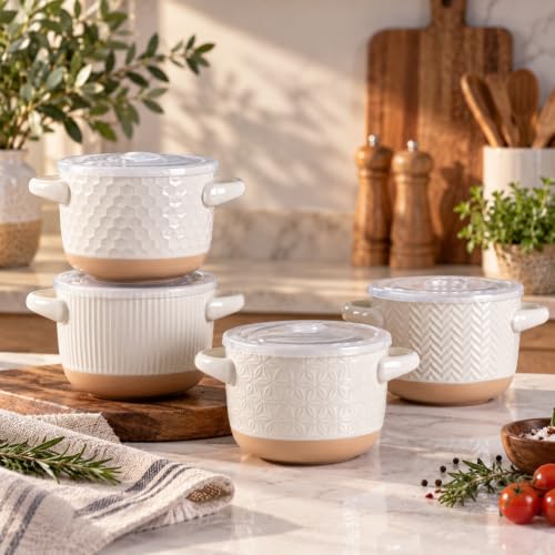 AmorArc 24 oz Soup Bowls with Lids, Ceramic Soup Containers with Handle - color: Light Beige(Geometric), size: Set of 2