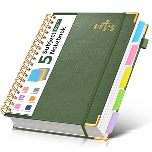 5 Subject Spiral Notebook Journal with Removable Dividers Tabs, 300 Pages Organizer Notebooks for Work School, 8"x10" Hardcover Leather Notebook College Ruled, Large Lined Journal for Women Men,Green - color: Sage Green, size: B5