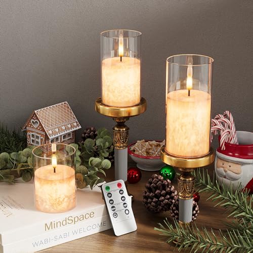 VIODAIM Ice Crystal Real Wax Glass Flameless Candles with Remote & Timer, Battery Operated Candles with Warm Flickering Flame, Realistic LED Candle for Wedding Home Decor [D3×H4/5"/6"] Clear, 3Pack - color: Clear