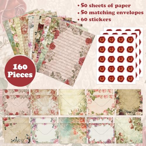 FUNCLASS 160 Pcs Vintage Floral Stationery Set Letter and Envelopes - color: Vintage Floral
