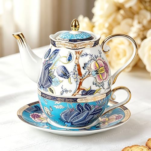 KAMMAK Tea for One Set, Ceramic Teapot, Bone China Tea Set, Cup and Saucer - color: Blue-GH05