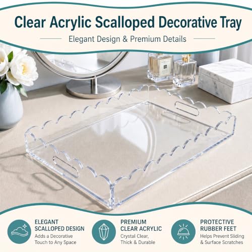 Scalloped Clear Acrylic Serving Tray with Handles, 15 x 10 Inch - size: 15" x 10" x 2"