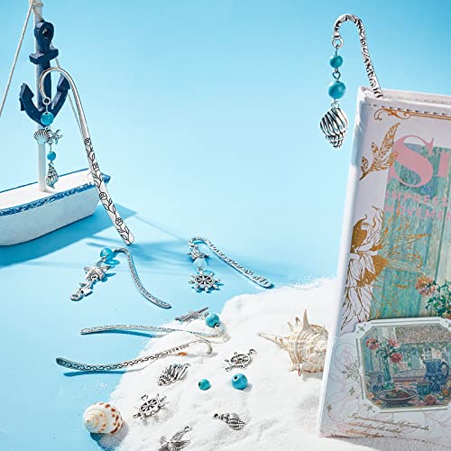 SUNNYCLUE DIY 6 Set Ocean Metal Hook Bookmarks Making Kit 6pcs Leaf Tibetan Style Alloy Bookmark with Starfish Shell Alloy Pendants & Turquoise Beads for DIY Book Marks Making,4.6inch Long - color: Diy 6 Sets Sea Hook Bookmarks Antique Silver