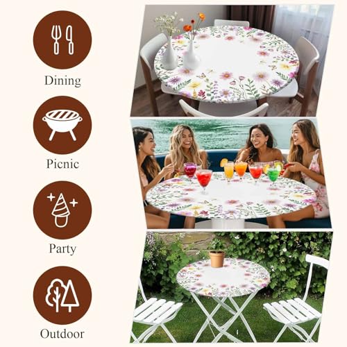 Round Fitted Tablecloth, Spring Summer Flowers Leaves Farmhouse Floral Wildflowers Pink Purple Waterproof Table Cloth Table Cover with Elastic Edged for Outdoor Parties, Fits Tables up to 55" - 60"