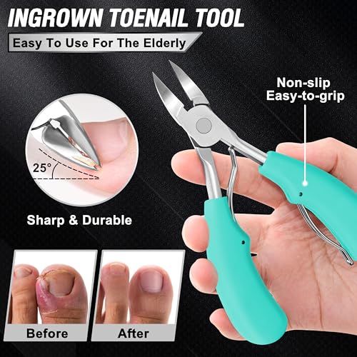 Toenail Clippers for Seniors Thick Toenails, Aucurwen Heavy Duty Toe Nail Clippers Adult Thick Nails Long Handle, Large Toenail Clippers for Thick Nails 7Pcs(Cyan) - color: Cyan