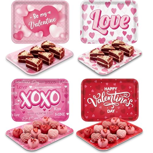 Vesici 4 Pack Valentine's Day Melamine Serving Trays, 13x10 Large Rectangular Platters for Party Food, Shatterproof Heart Cookie Plates for Appetizers, Romantic Dinner & Galentine's Kitchen Decor - style: Valentine's Day