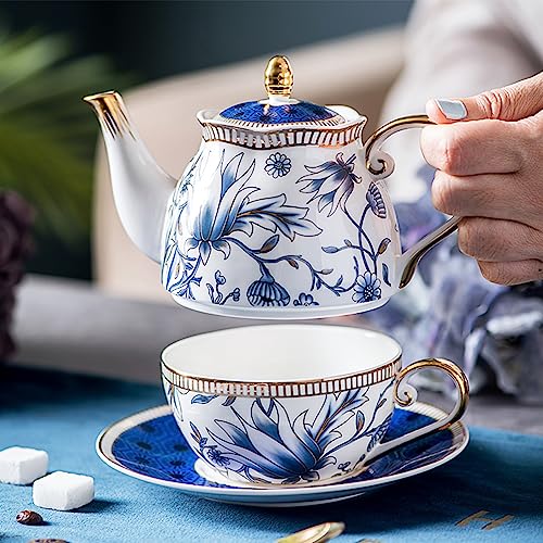 ACMLIFE Tea for One Teapot and Cup Set, Vintage Floral Porcelain Tea Set for One, Bone China Teapot Set, Tea Pot Set Gift for Women (Blue) - color: Blue