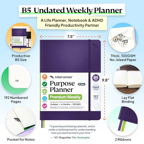 Roterunner Purpose Planner Notebook B5 7.5”x9.8” Undated 2026 Daily Weekly and Monthly Productivity Goal Setting Tool for Work Home ADHD Planner for Adults Self Care Journal (Purple Hardcover) - color: Purple, style: B5 Hardcover