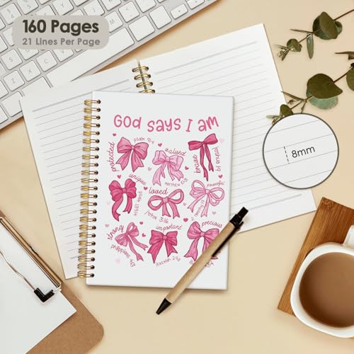 Coquette Pink Bow Notebook Journals, God Says I am Christian Notebook Journal for Women, Bible Notebooks for Note Taking，Coquette Office Supplies Hardcover Spiral Notebook 5.5x8.3 - color: Pink Bow - God says I am