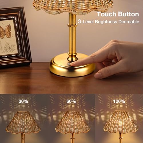 Mini Cordless Boho Rattan Table lamp, 5200-mAh Rechargeable Battery, 3-Level Brightness Dimmable, Build-in Integrated LED 320 Lumen Max, Rattan Shade, for Bedside Restaurant Dining Table - color: 11'' Tall Gold