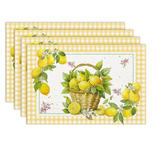 Yellow Lemon Placemats Set of 4, 12x18 Inch Summer Fruits Buffalo Plaid Baskets Floral Farmhouse Seasonal Spring Holiday Coffee Table Mats for Party Kitchen Dining Decoration - color: Pm-lemon03, size: 4pcs