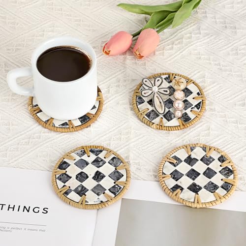 Boho Coastal Coasters Set of 6, Handwoven Rattan Coasters with Holder - style: Checkered Pattern